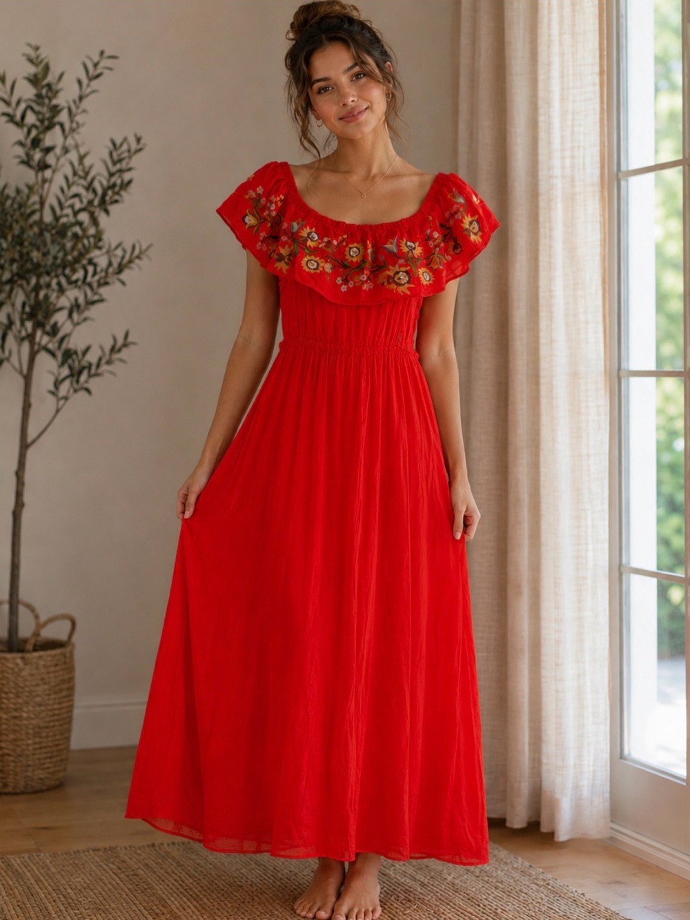 DAVI & DANI Red Embroidered Floral Off-Shoulder Dress